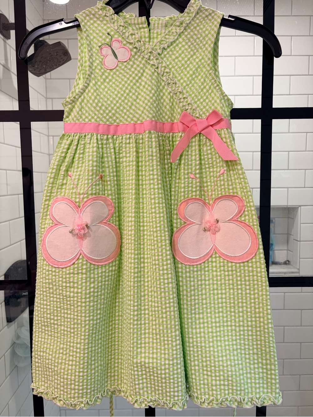 Green Gingham Butterfly Appliqué Dress with Pink Accents